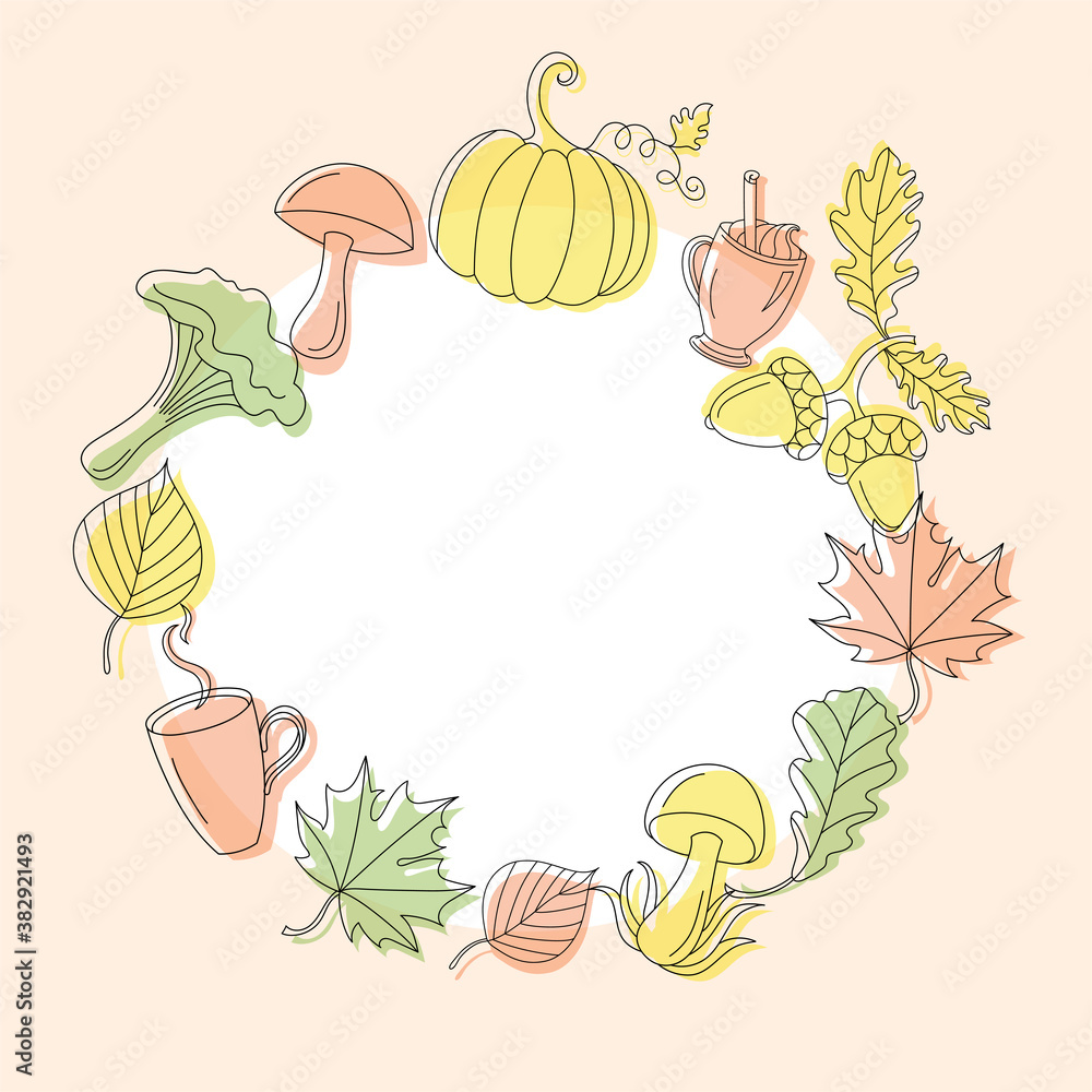 Autumn background in linear style with mushrooms, a pumpkin, cups and some leaves. Autumn background in linear style with mushrooms, a pumpkin, cups and some leaves.