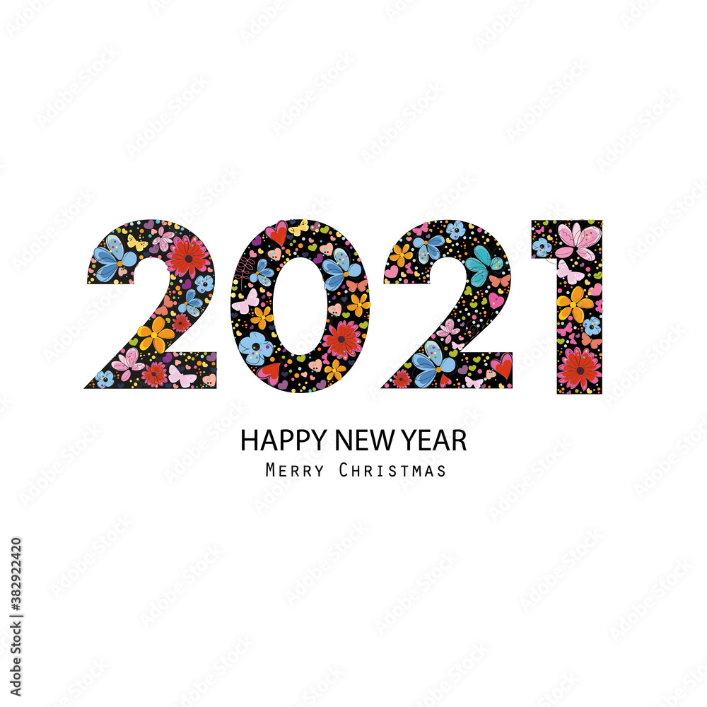 2021 black text with colorful cute flowers. Happy new year and merry christmas greeting card