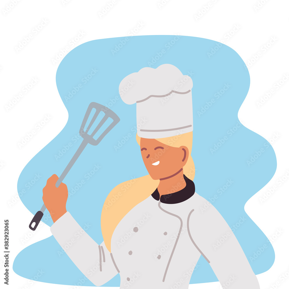 young woman chef professional with skimmer and toque young woman chef professional with skimmer and toque