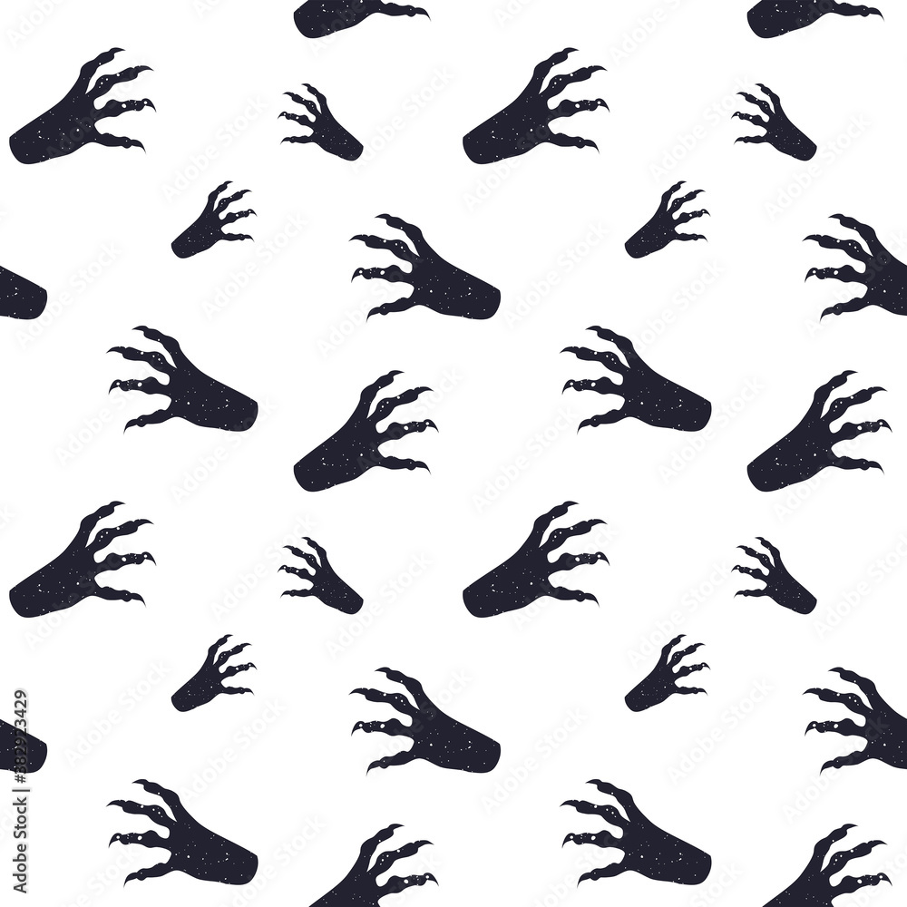 Vector seamless horror patterns for Helloween. Scary witch or zombie hands with long nails. Black silhouette on white background.