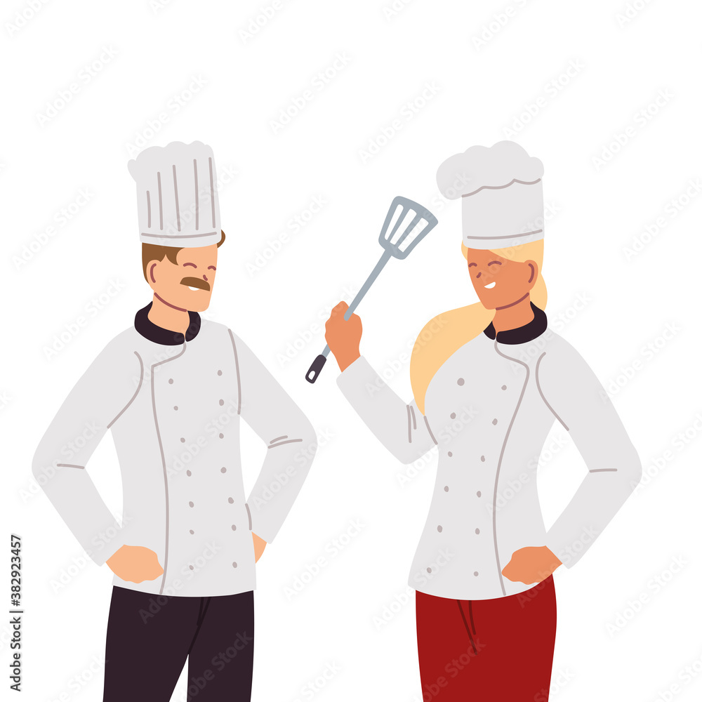 chef couple with uniform and kitchen utensils chef couple with uniform and kitchen utensils
