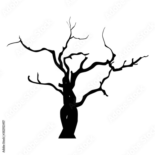 Halloween black vector illustration with scary old tree with bare branches isolated on white background. Vector silhouette
