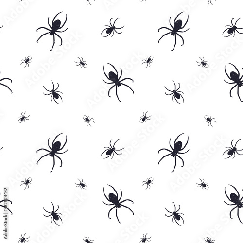 Vector seamless horror patterns for Helloween. Creepy spiders. Black silhouette on white background. © AlyceStrogaya