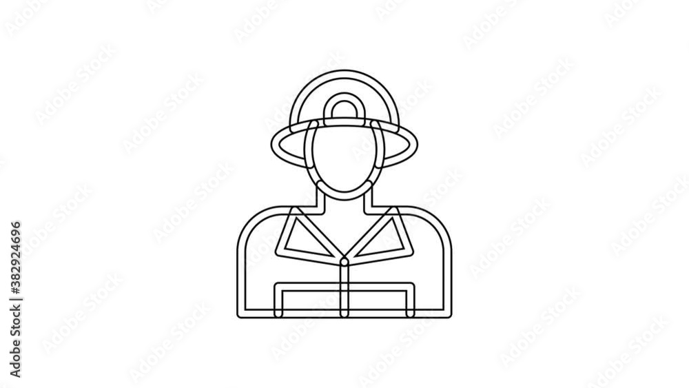 Black line Firefighter icon isolated on white background. 4K Video motion graphic animation Black line Firefighter icon isolated on white background. 4K Video motion graphic animation