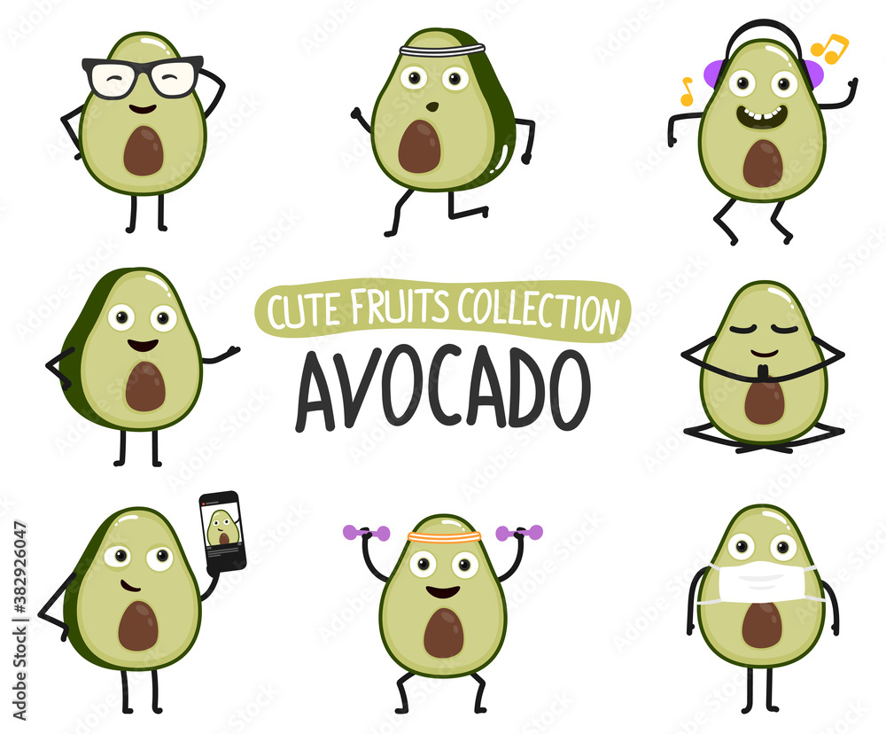 Cute avocado cartoon characters set.To see the other cute fruit vector character illustrations , please check cute fruits collection. Cute avocado cartoon characters set.To see the other cute fruit vector character illustrations , please check cute fruits collection.