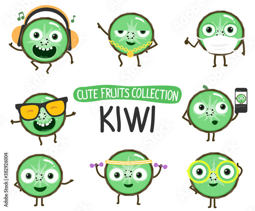 Cute kiwi fruit cartoon characters set.To see the other cute fruit vector character illustrations , please check cute fruits collection.