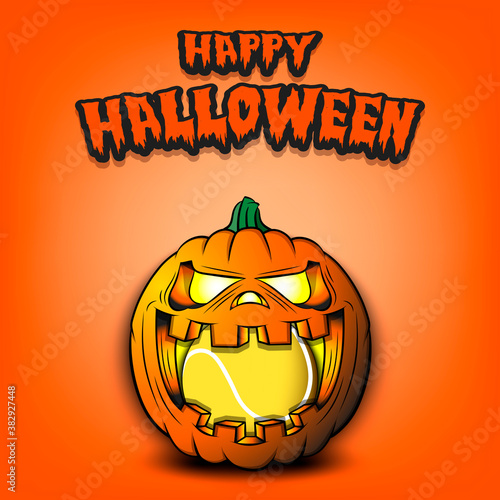 Happy Halloween. Tennis ball inside frightening pumpkin. The pumpkin swallowed the ball with burning eyes. Design template for banner, poster, greeting card, party invitation. Vector illustration