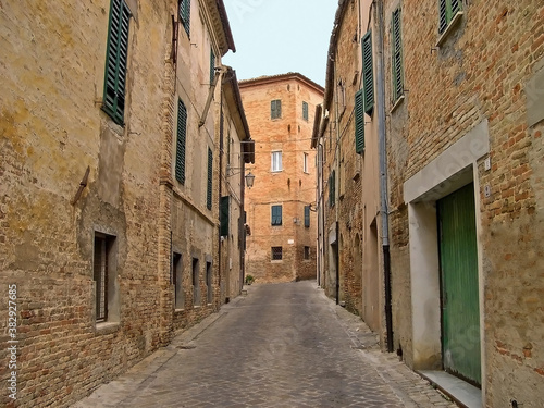 Italy  Marche  Corinaldo downtown medieval street. 