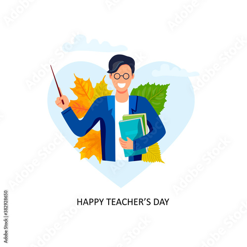 Happy Teacher's day. Male teacher with pointer, books and autumn leaves. Vector illustration. Flat cartoon style design.
