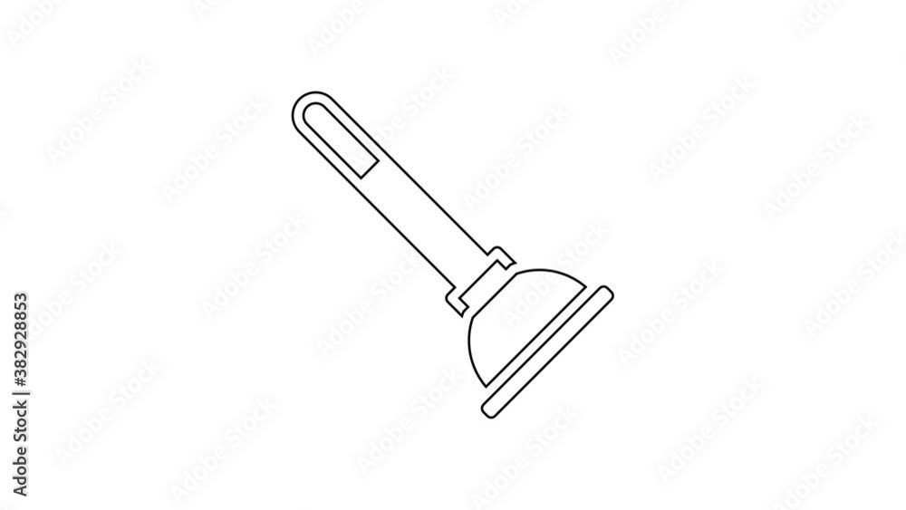 Black line Rubber plunger with wooden handle for pipe cleaning icon isolated on white background. Toilet plunger. 4K Video motion graphic animation Black line Rubber plunger with wooden handle for pipe cleaning icon isolated on white background. Toilet plunger. 4K Video motion graphic animation