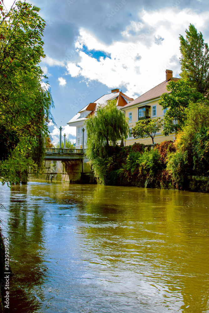 Bluesky with clouds at the river in the autumn town Bluesky with clouds at the river in the autumn town