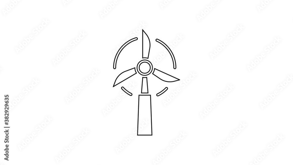 Black line Wind turbine icon isolated on white background. Wind generator sign. Windmill for electric power production. 4K Video motion graphic animation Black line Wind turbine icon isolated on white background. Wind generator sign. Windmill for electric power production. 4K Video motion graphic animation