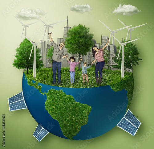 Family of four standing on a ecological globe with renewable energy