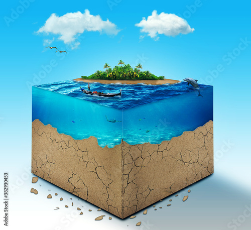 Cube of earth and sea, ocean with an island on it. Vacation