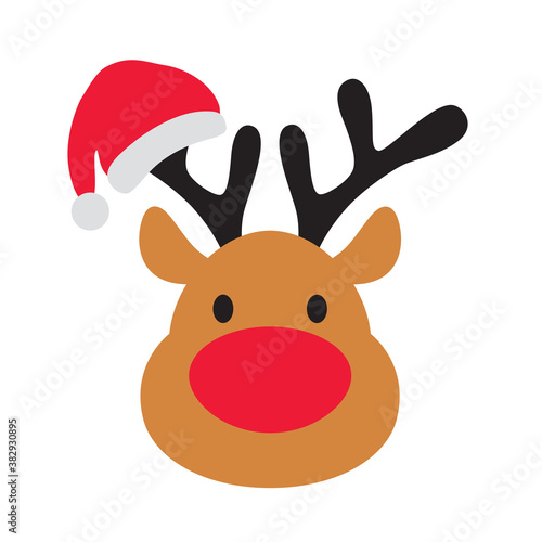 Cute Christmas reindeer face with Santa Claus hat on an antler vector illustration.