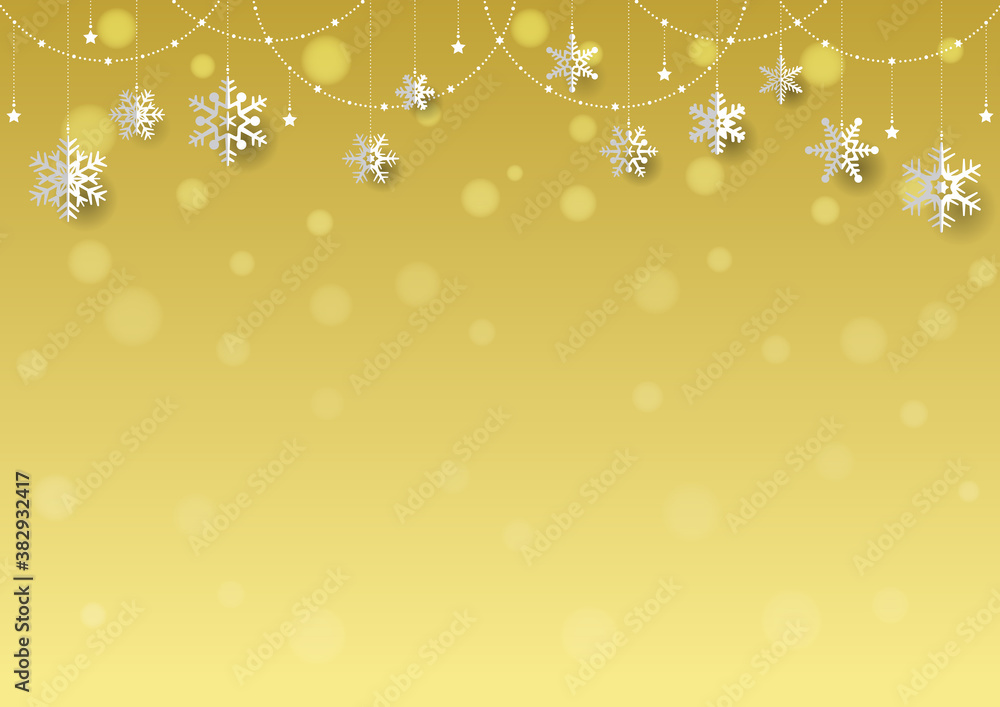 雪の結晶がぶら下がった キラキラ イルミネーションのクリスマス背景 フレーム 金 雪の結晶がぶら下がった キラキラ イルミネーションのクリスマス背景 フレーム 金