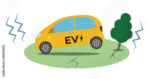 地震の被害に遭う黄色い電気自動車のベクターイラスト