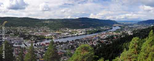 Panorama View From Spiralen Lookout To Drammen At Drammenselva River On A Sunny Summer Day With A Clear Blue Sky And A Few Clouds