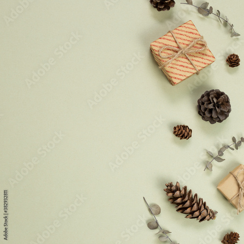 Gift box with autumn dry pine cones on khaki green background. flat lay, top view, copy space © Sanga