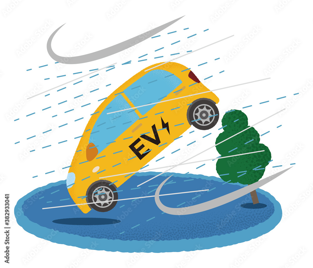 暴風雨の被害に遭う黄色い電気自動車のベクターイラスト Stock Vector Adobe Stock