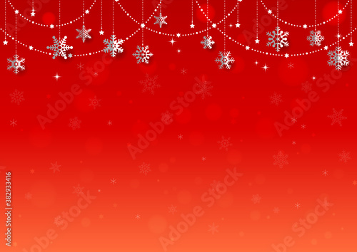 雪の結晶がぶら下がった キラキラ イルミネーションのクリスマス背景 フレーム 赤