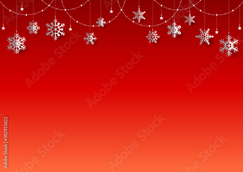 雪の結晶がぶら下がった キラキラ イルミネーションのクリスマス背景 フレーム 赤