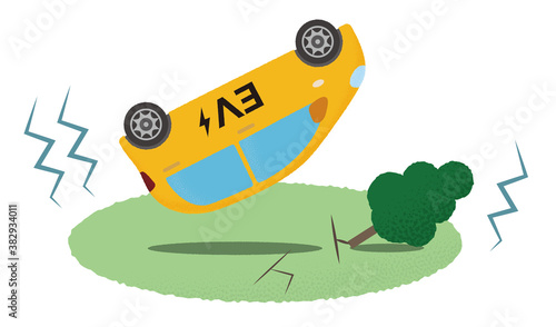 地震の被害に遭う黄色い電気自動車のベクターイラスト