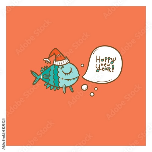 New Year card with  cute cartoon fish in  hat. Merry Christmas and Happy Holidays. Vector contour colorful image.