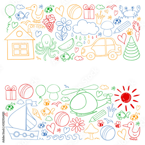 Vector kindergarten pattern with helicopter  house  toys  ship. Boys and girls online education.
