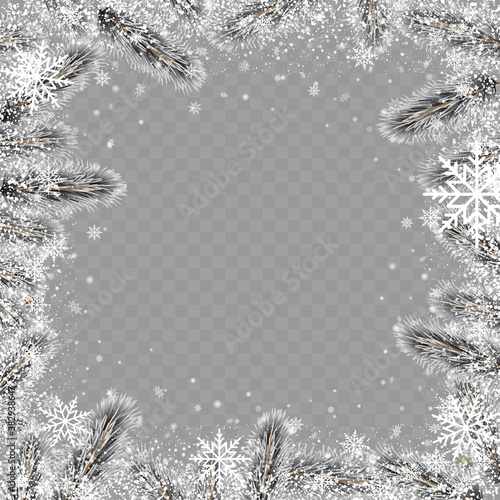 Christmas square tree branch frame on transparent background. Vector.