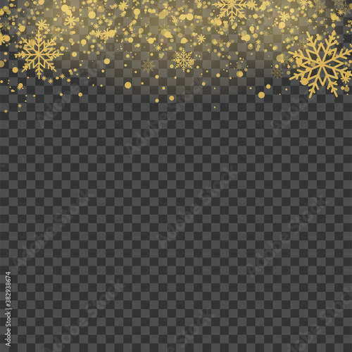 Christmas background with gold snowflakes on transparent. Vector