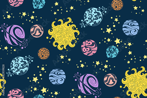Planets seamless pattern. Colorful doodle solar system, dark background. Astronomical observatory. Sun moon mercury venus earth mars jupiter saturn neptun. Astronomy galaxy space. Vector illustration