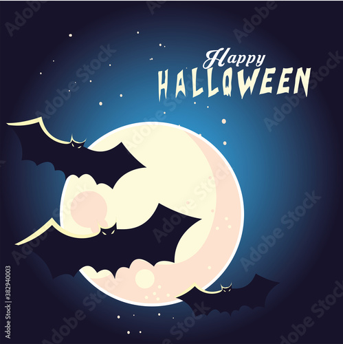 Halloween bats cartoons in front of moon vector design
