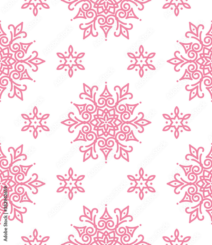CHRISTMAS SIMLESS PATTERN WITH STYLIZED PINK SNOWFLAKES. PRINT FOR FABRIC, TABLE-NAPKIN, WRAPPAPER CHRISTMAS SIMLESS PATTERN WITH STYLIZED PINK SNOWFLAKES. PRINT FOR FABRIC, TABLE-NAPKIN, WRAPPAPER