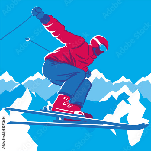 MOUNTAIN-SKIER JUMPING ON THE MOUNTAINS BACKGROUND. VECTOR ILLUSTRATION, POSTER, BACKGROUND