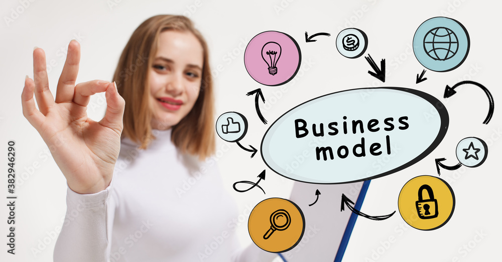 Business, technology, internet and network concept. Young businessman thinks over the steps for successful growth: Business model Business, technology, internet and network concept. Young businessman thinks over the steps for successful growth: Business model