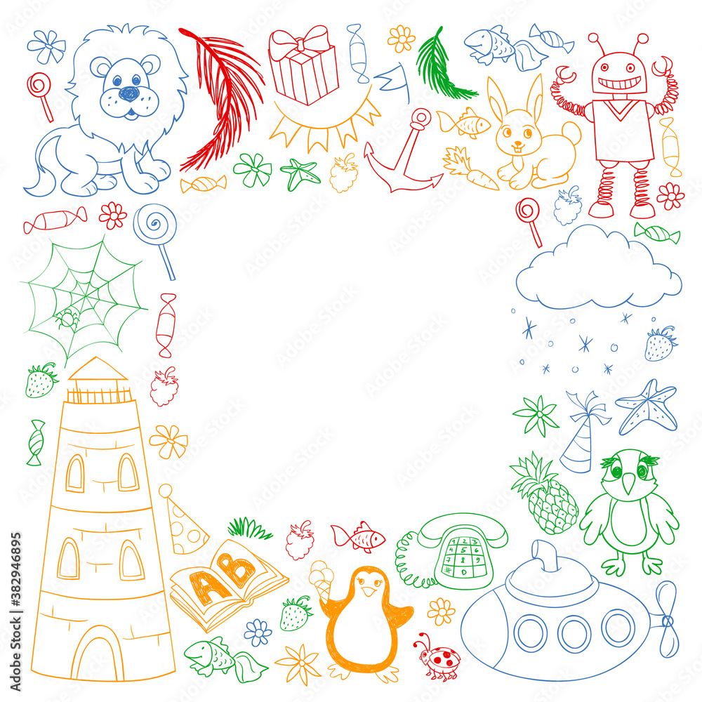 Vector kindergarten pattern with animals and toys. Illustration for little boys and girls. Vector kindergarten pattern with animals and toys. Illustration for little boys and girls.