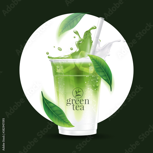 Iced green tea latte takeaway cup vector illustration