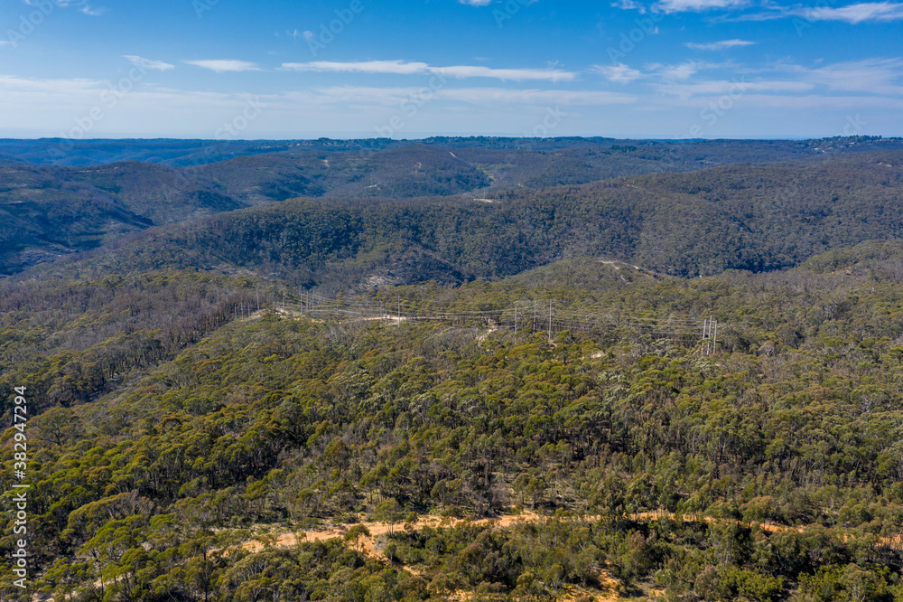 Aerial view of a dirt track running through forest in regional New South Wales in Australia