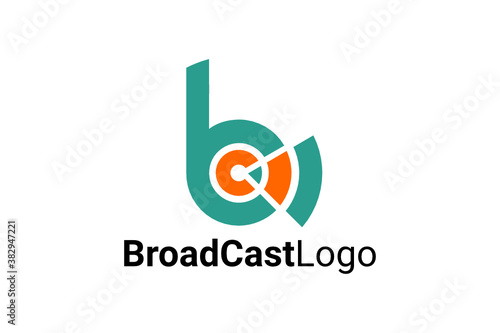 Flat vector logo for broadcast, broadcast studio, etc with illustration of target board and sound waves. Vector logo initial "b" or "bc" on light background