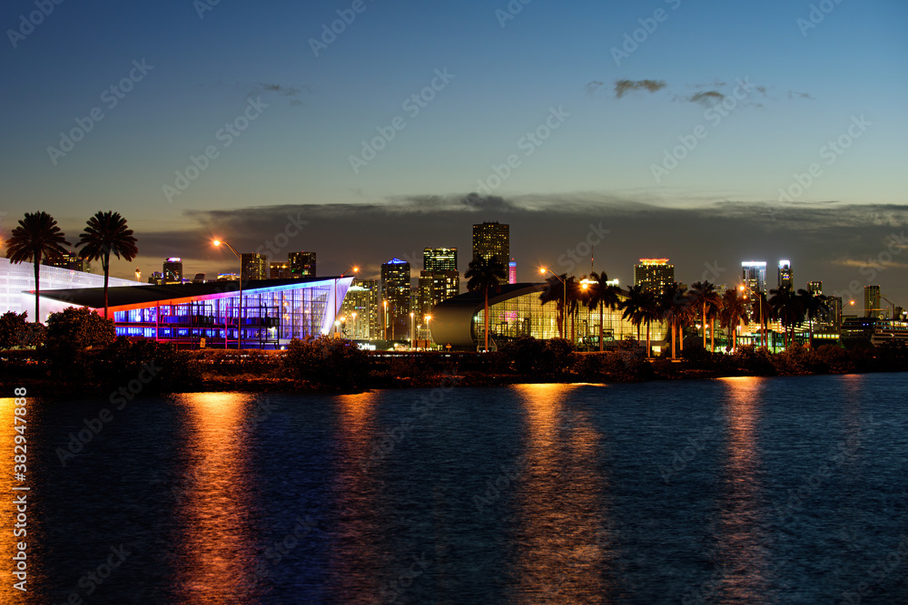 Miami, Florida, USA skyline on Port Miami Florida, city night backgrounds. City of Miami, night panorama of Port Miami Florida.