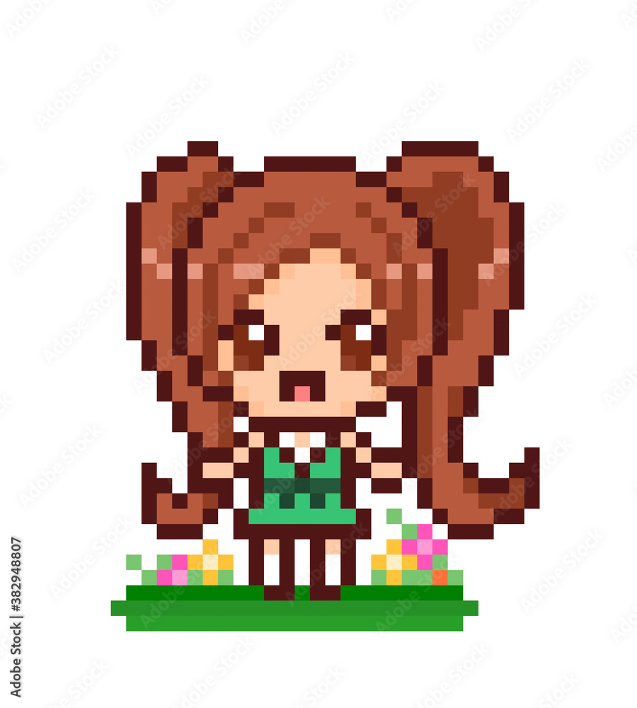 Cute anime girl pixel image. 8 bit pixel game assets in vector illustration