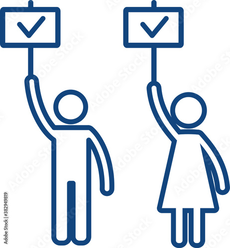A man and a woman take part in a political meeting, demonstration. Activist people icon holding a banner, poster with a check mark. Public protest. Vector illustration. Flat infographics..