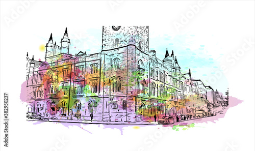 Building view with landmark of Belfast is the capital and largest city of Northern Ireland. Watercolor splash with hand drawn sketch illustration in vector.