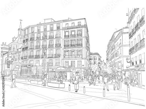 Madrid, Spain, hand drawn illustration of a cityscape scene downtown. A crowd of people enjoy the day.