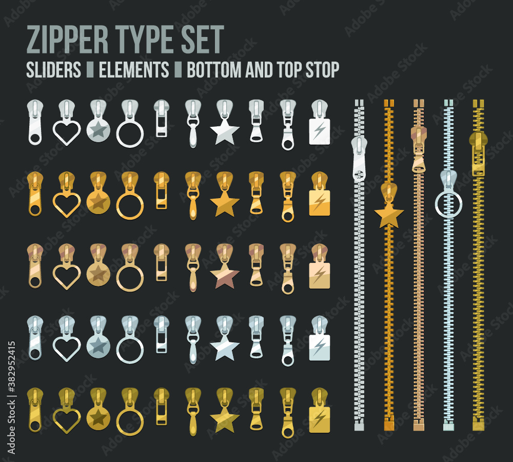 Zippers type set fastener, abstract pixel art vector illustration