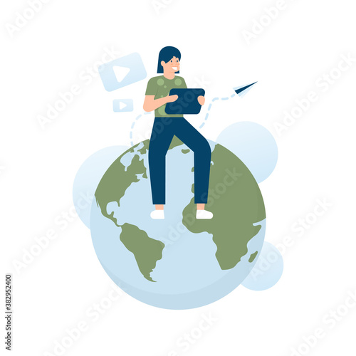 illustration of a woman sitting on the earth watching a video using a tablet. the concept of traveling or seeing the world using a device or technology. world news. flat style. UI element design