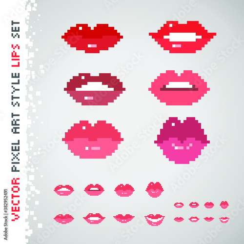 Lips pixel art style icons set. isolated pixel art vector illustration. Design for web, stickers, logo and mobile app.
