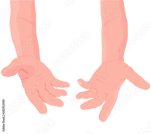 Human open hands. Pair of men hands with exposed palm, request or donation. Flat illustration. Vector