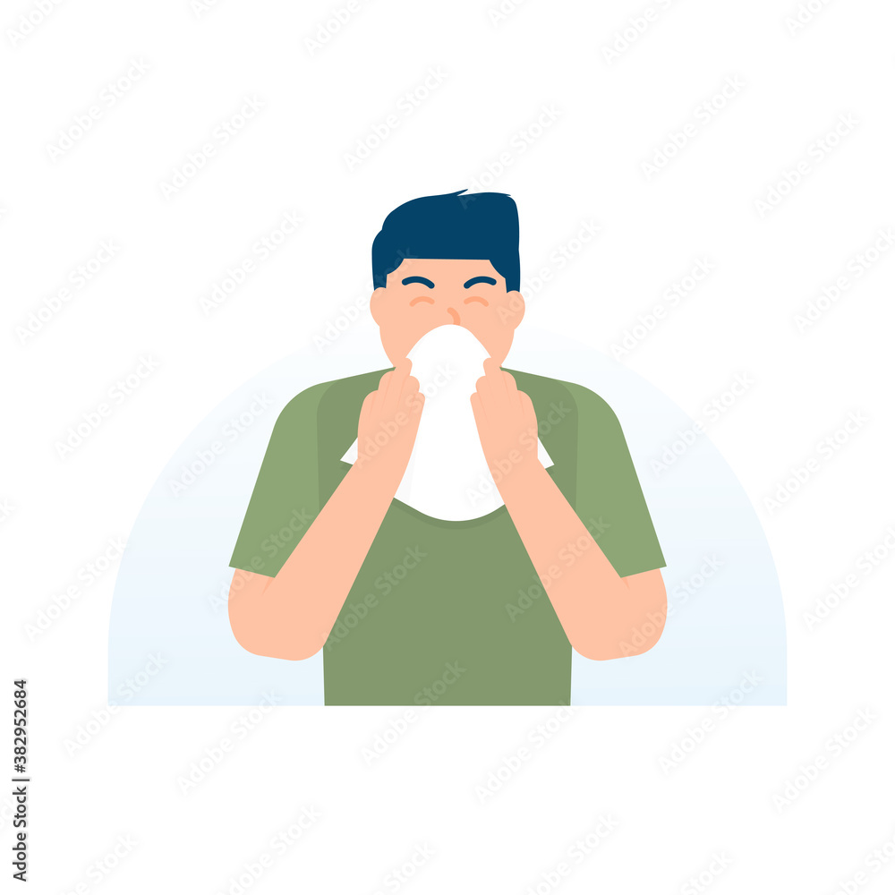 illustration of a man using tissue because he has a cold, flu, sneezing, fever. the concept of cleansing yourself and protecting from disease. sick person. flat style. UI element design illustration of a man using tissue because he has a cold, flu, sneezing, fever. the concept of cleansing yourself and protecting from disease. sick person. flat style. UI element design